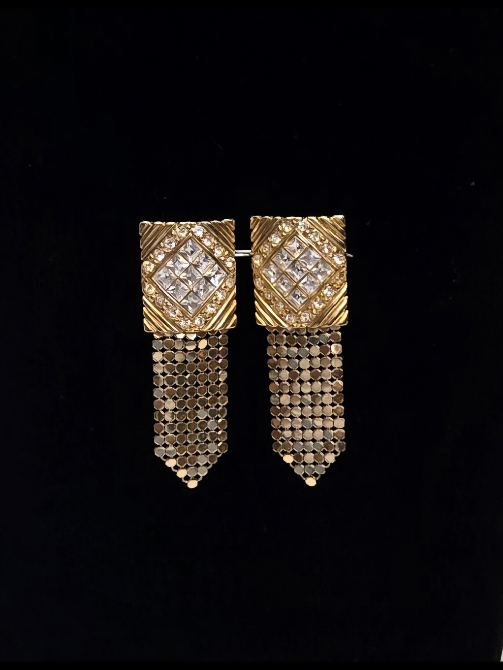 Whiting & Davis Clip on Gold Tone Mesh Geometric Crystal earrings 2-3/4 inch